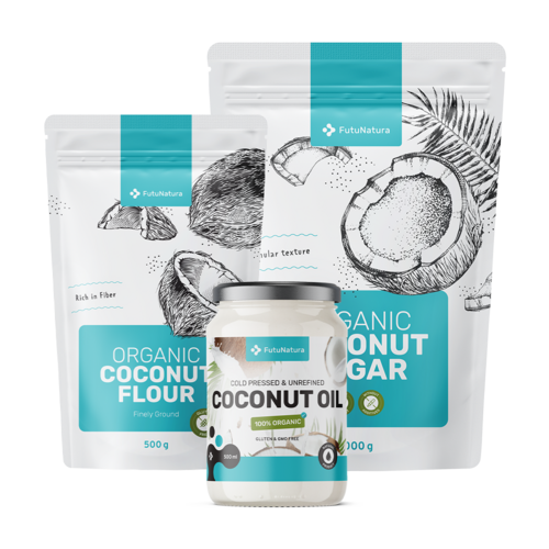 Cocco dolce: zucchero di cocco + olio di cocco + farina di cocco, kit