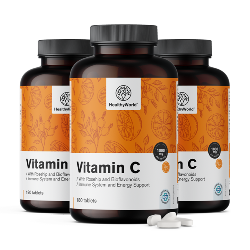 3x Vitamina C 1000 mg - con rosa canina e bioflavonoidi, totale 540 compresse