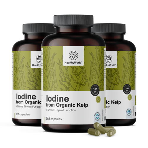 3x Iodio naturale 200 µg - da BIO alghe kelp, totale 1095 capsule