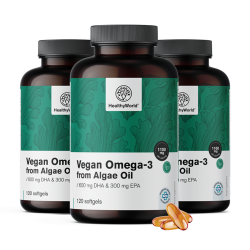 3x Omega-3 vegano 1100 mg – da alghe, totale 360 capsule molli