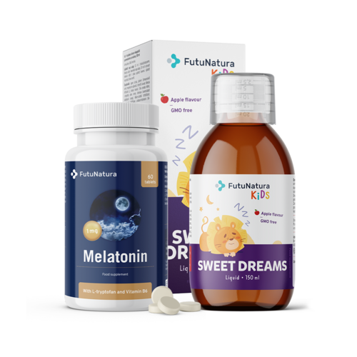 Notte tranquilla: melatonina + integratore in forma liquida per bambini, kit