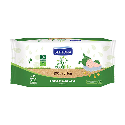 Salviette umidificate biodegradabili per bambini Ecolife, 60 salviette